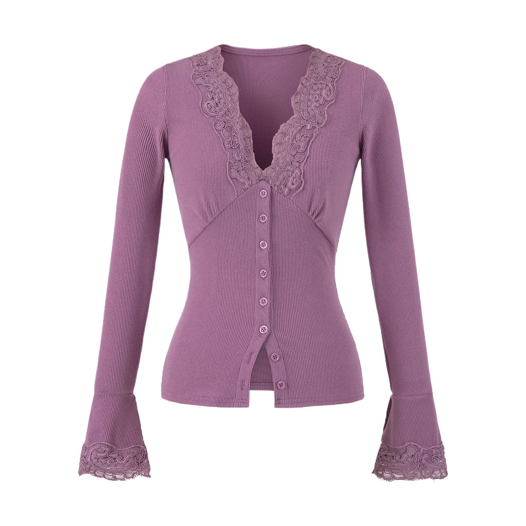 Damen Langarmshirt mit femininem Spitzenkragen und Knopfdetail Drune