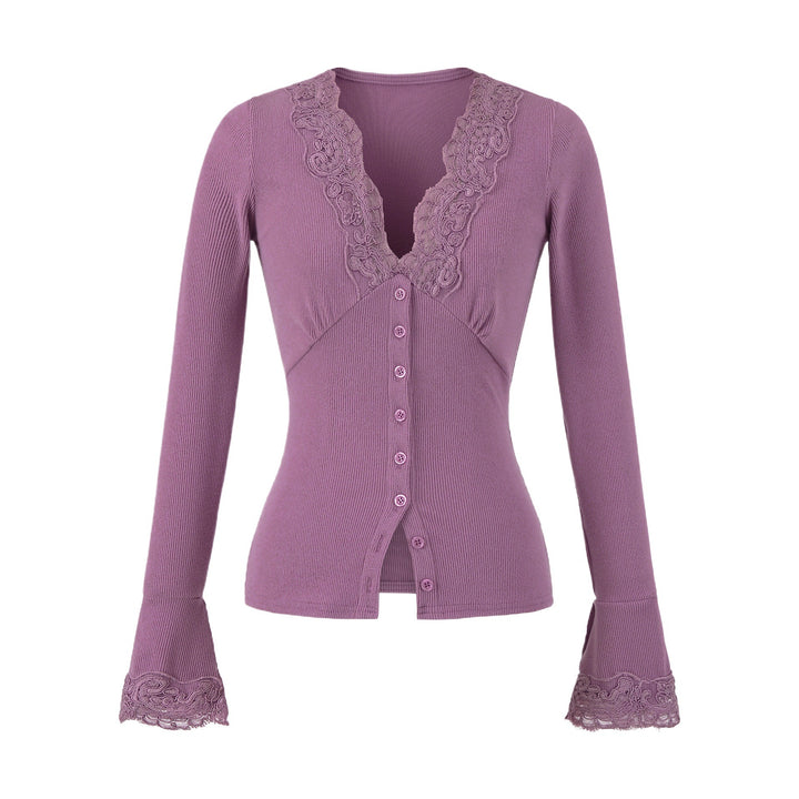 Damen Langarmshirt mit femininem Spitzenkragen und Knopfdetail Drune