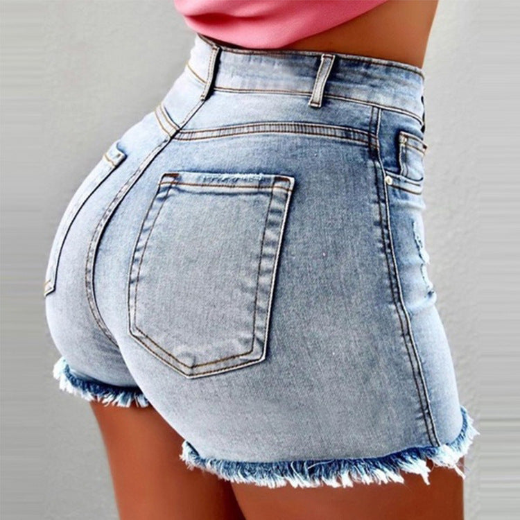 Damen High-Waist Denim-Shorts mit fransigem Saum Drune