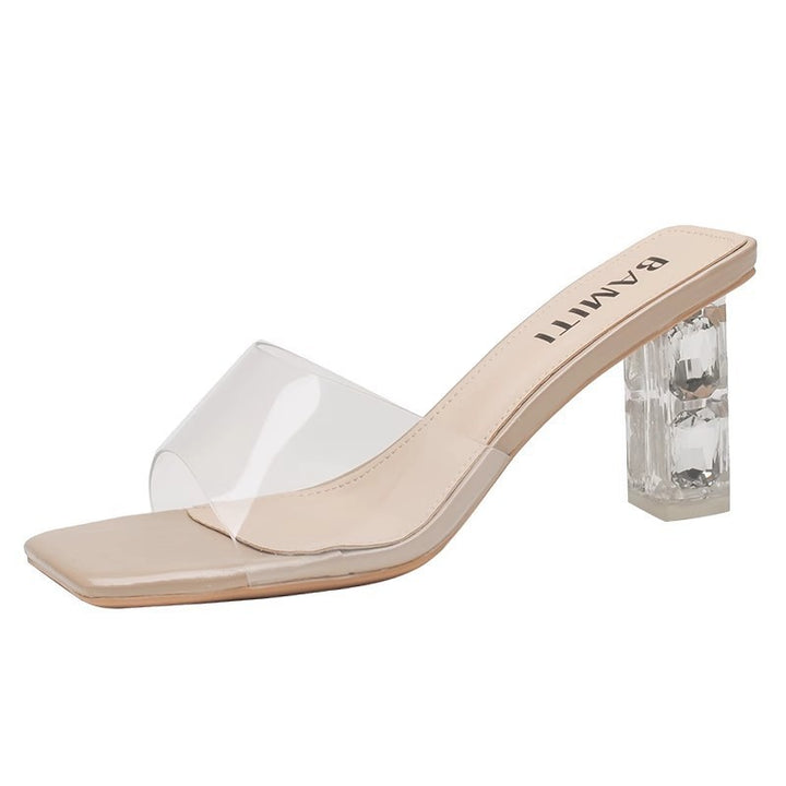 Damen Transparente Slip-On‑Sandalette mit quadratischer Zehenbox und facettiertem Acryl‑Blockabsatz Drune
