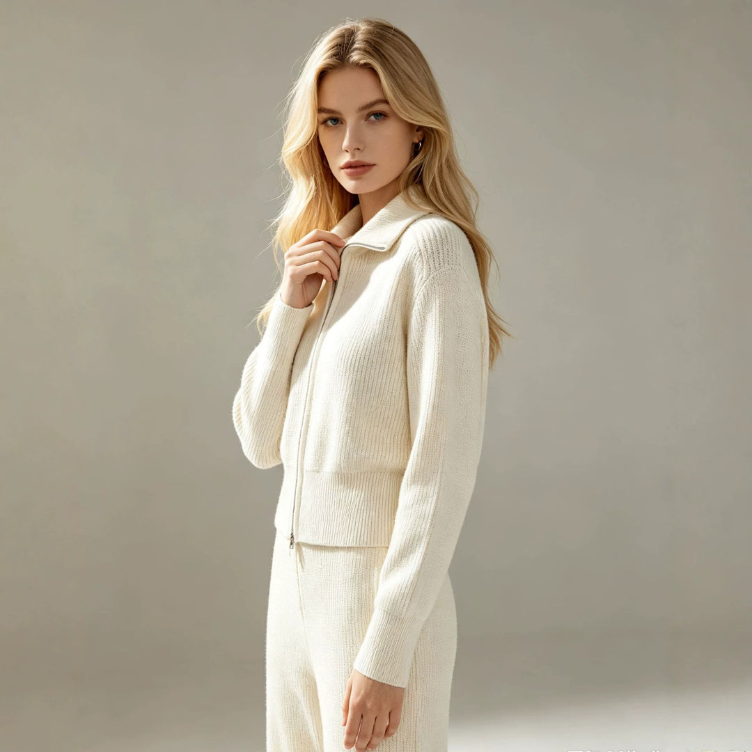 Damen Feinstrukturiertes Strick-Set mit Zipp-Cardigan und weiter Hose Drune
