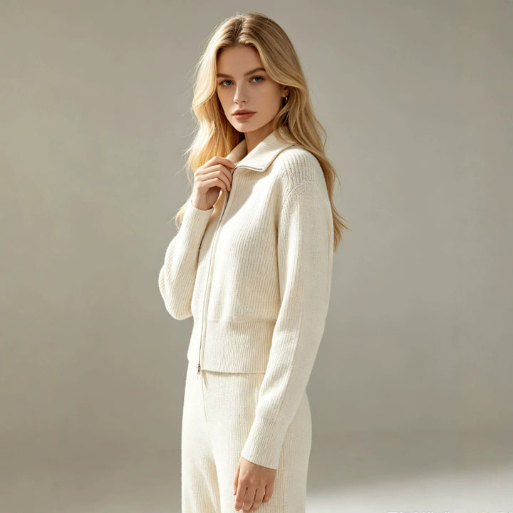 Damen Feinstrukturiertes Strick-Set mit Zipp-Cardigan und weiter Hose Drune