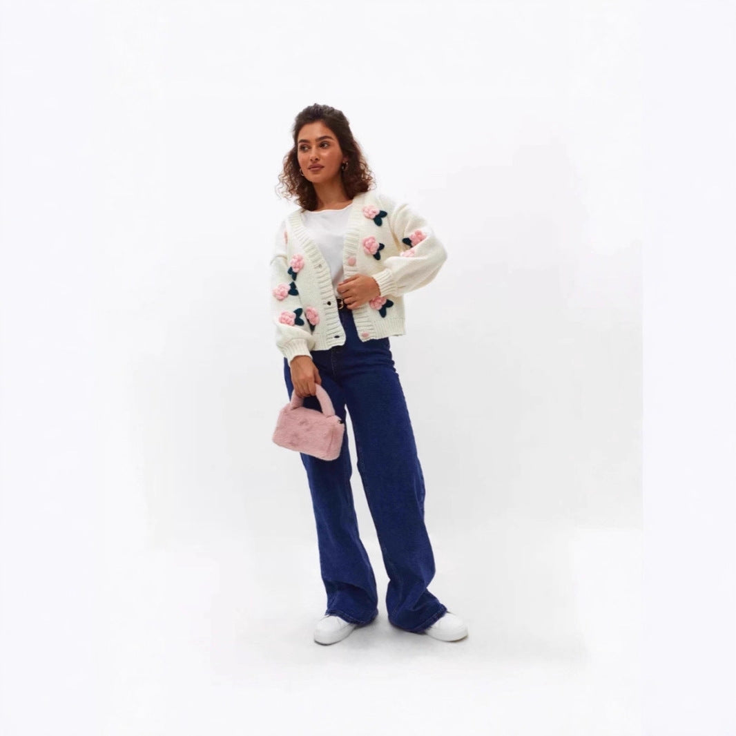 Damen Kuschelige Strickjacke mit Blumenapplikationen Drune