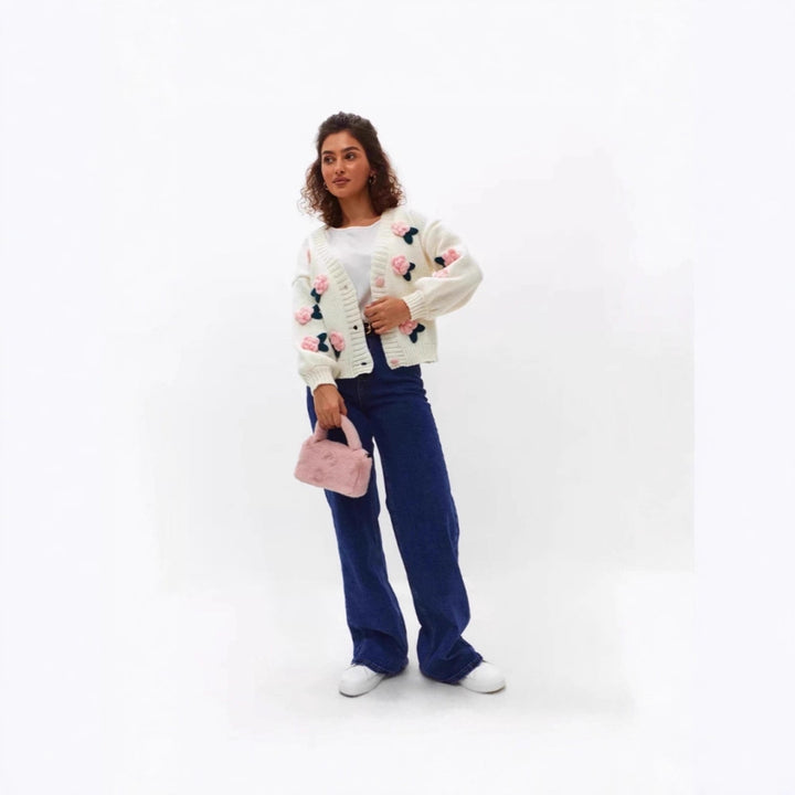 Damen Kuschelige Strickjacke mit Blumenapplikationen Drune