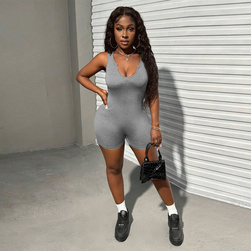Damen Sportlicher Overall mit tiefem V-Ausschnitt und figurbetontem Schnitt Drune