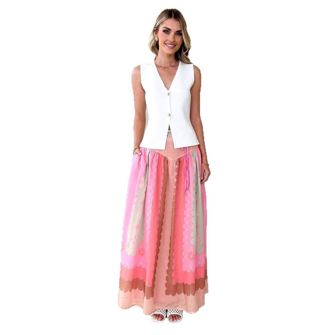 Damen Langer Boho-Rock mit floralem Design und Taillenzug Drune