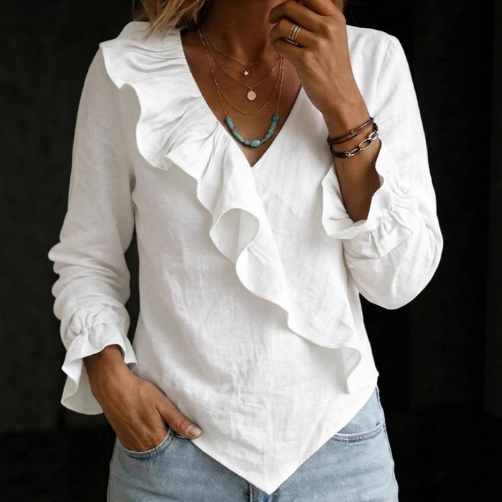 Damen Volant‑Bluse im Leinenlook mit Wickeloptik und asymmetrischem Zipfelsaum Drune