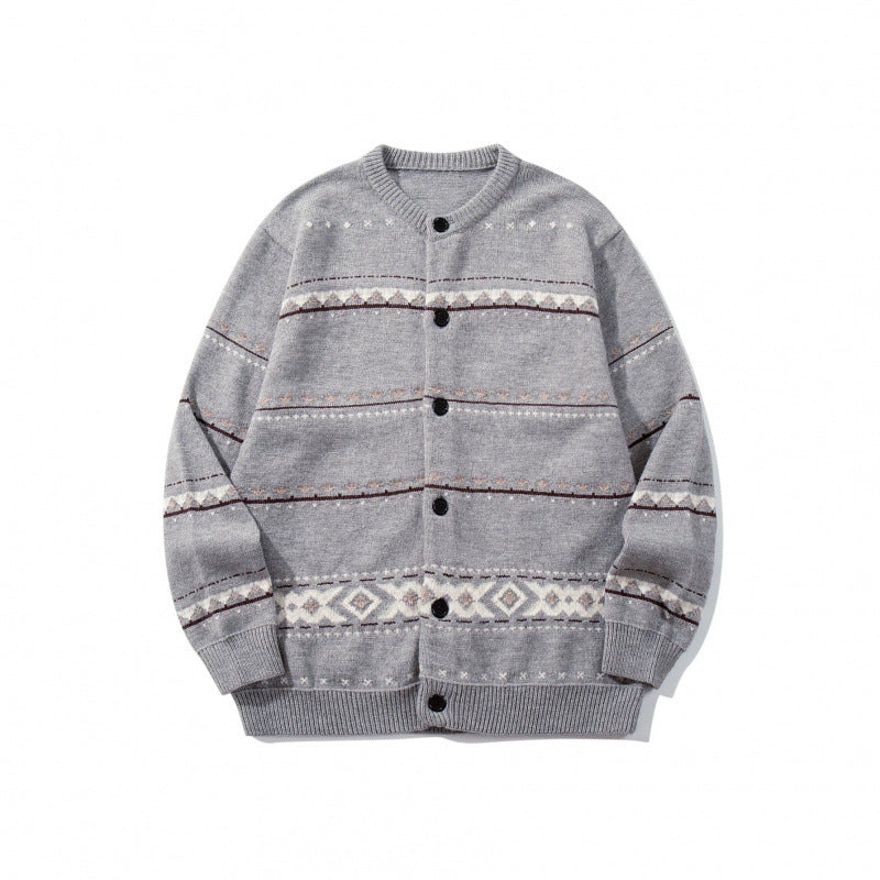 Unisex Jacquard‑Strickcardigan im Boxy‑Cut mit Rundhals und Knopfleiste Drune