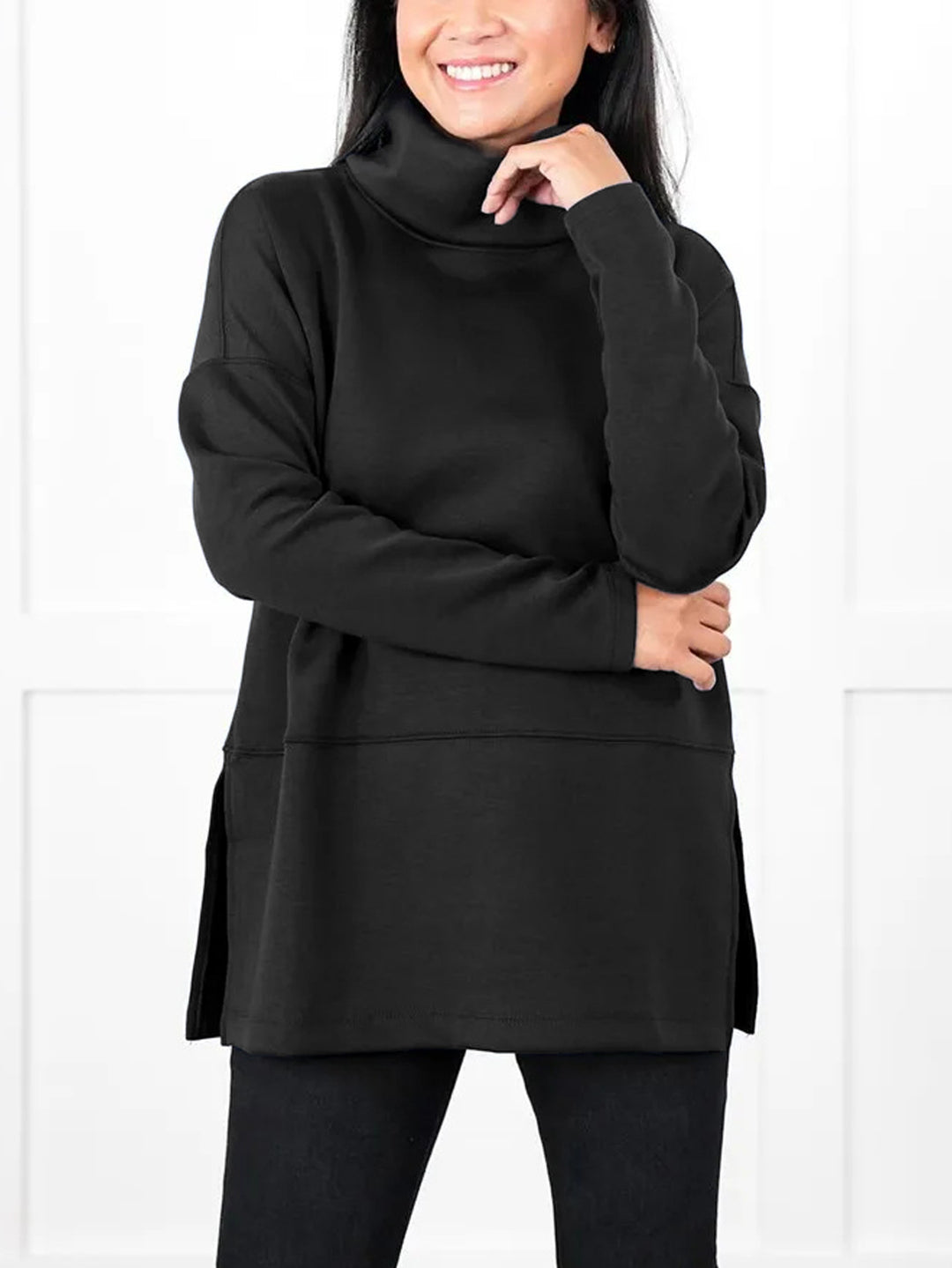 Damen Oversize Sweat-Tunika mit hohem Rollkragen, seitlichen Schlitzen und verlängertem Saum Drune