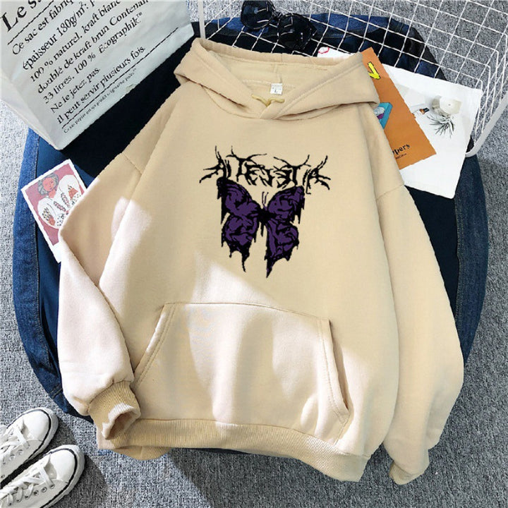 Damen nan Oversize-Kapuzenpullover mit gothischer Schmetterlings-Illustration und Kängurutasche Drune