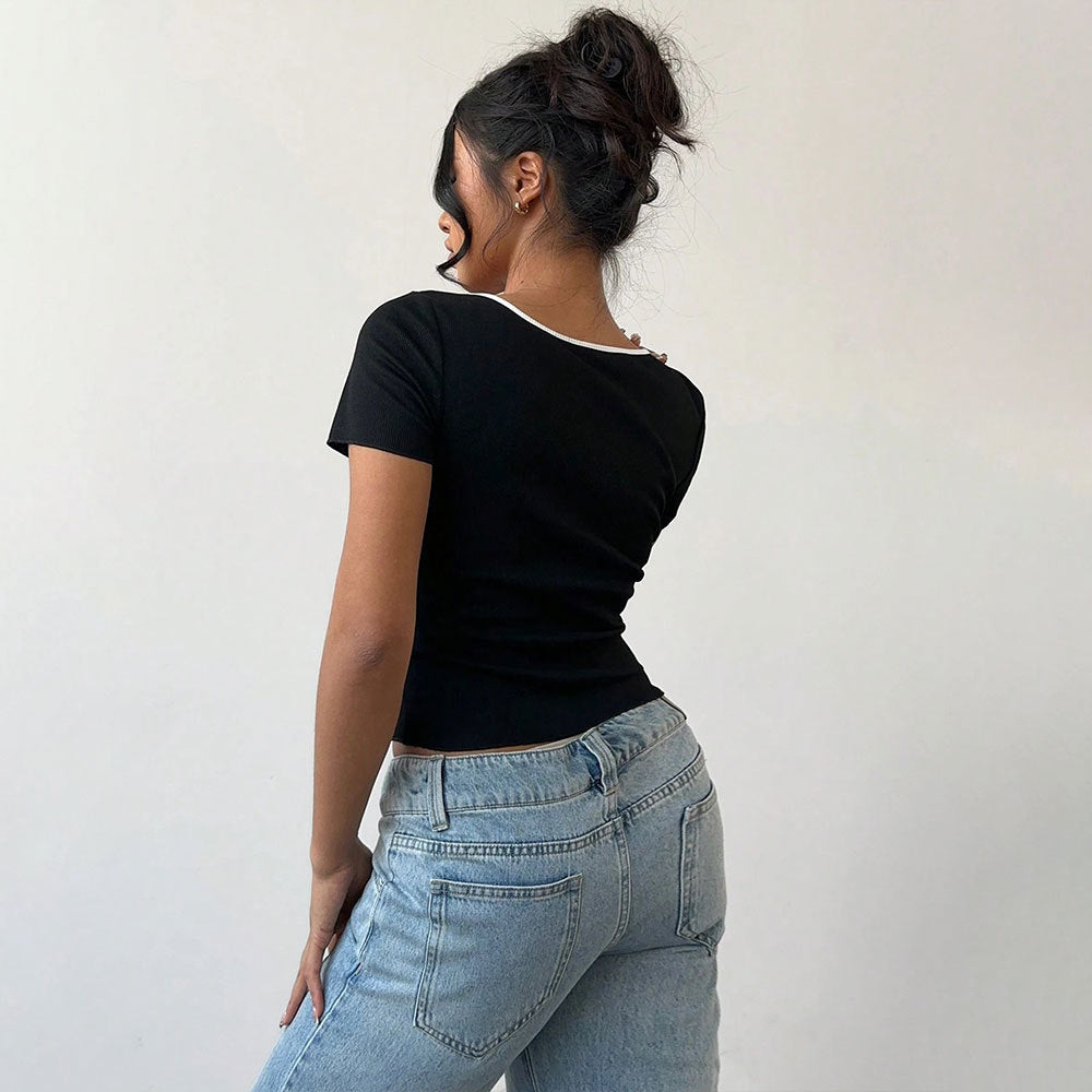 Damen cropped Oberteil mit dekorativen Schmetterlingsknöpfen und modischem V-Ausschnitt Drune