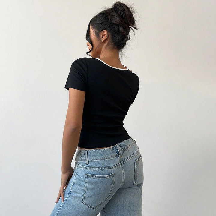 Damen cropped Oberteil mit dekorativen Schmetterlingsknöpfen und modischem V-Ausschnitt Drune