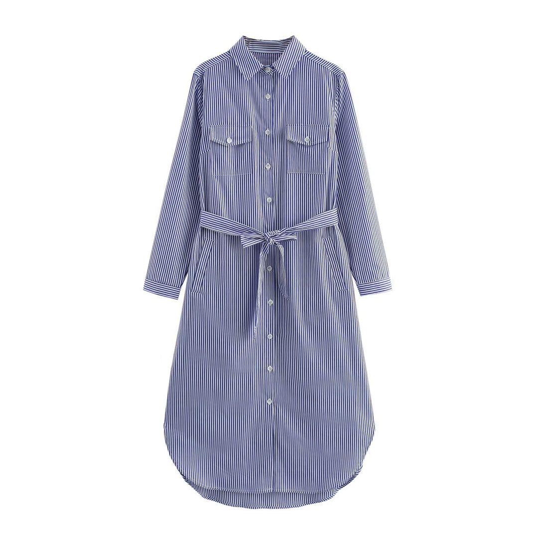 Damen Hemdblusenkleid mit Taillengürtel und Brusttaschen Drune