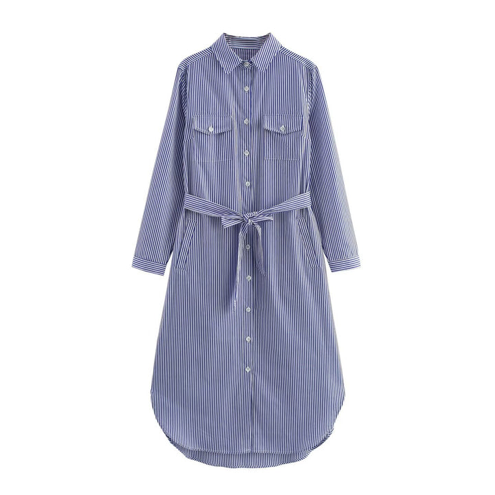 Damen Hemdblusenkleid mit Taillengürtel und Brusttaschen Drune