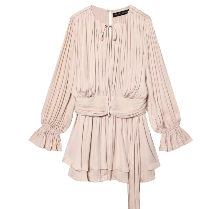 Damen Plissiertes Bindeblouson-Minikleid mit tailliertem Wickelgürtel und Glockenärmeln Drune