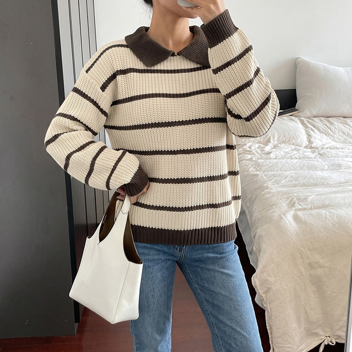 Damen Gestreifter Pullover mit Kragen Drune