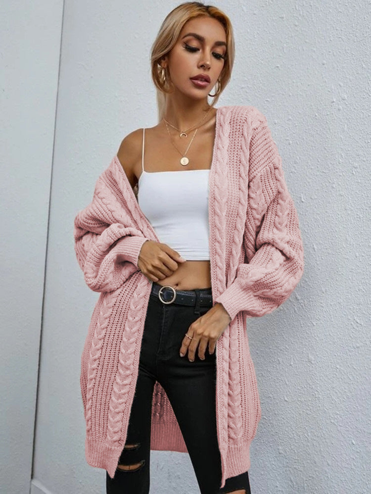 Damen Grobstrick Cardigan mit Kapuze und Zopfdesign Drune