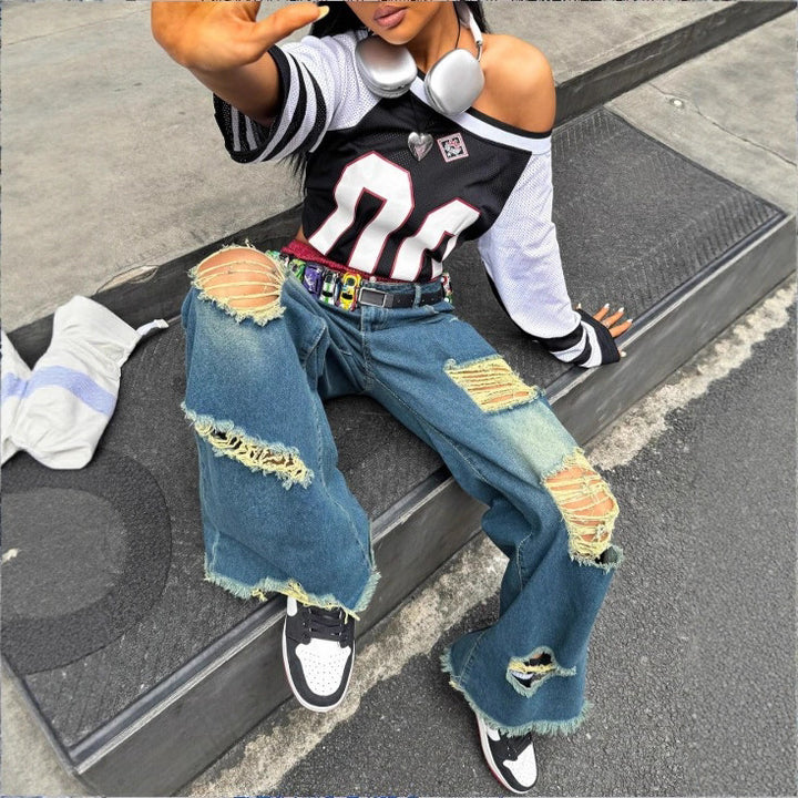 Damen weite Destroyed-Denim-Jeans mit Neonfransen-Applikation Drune