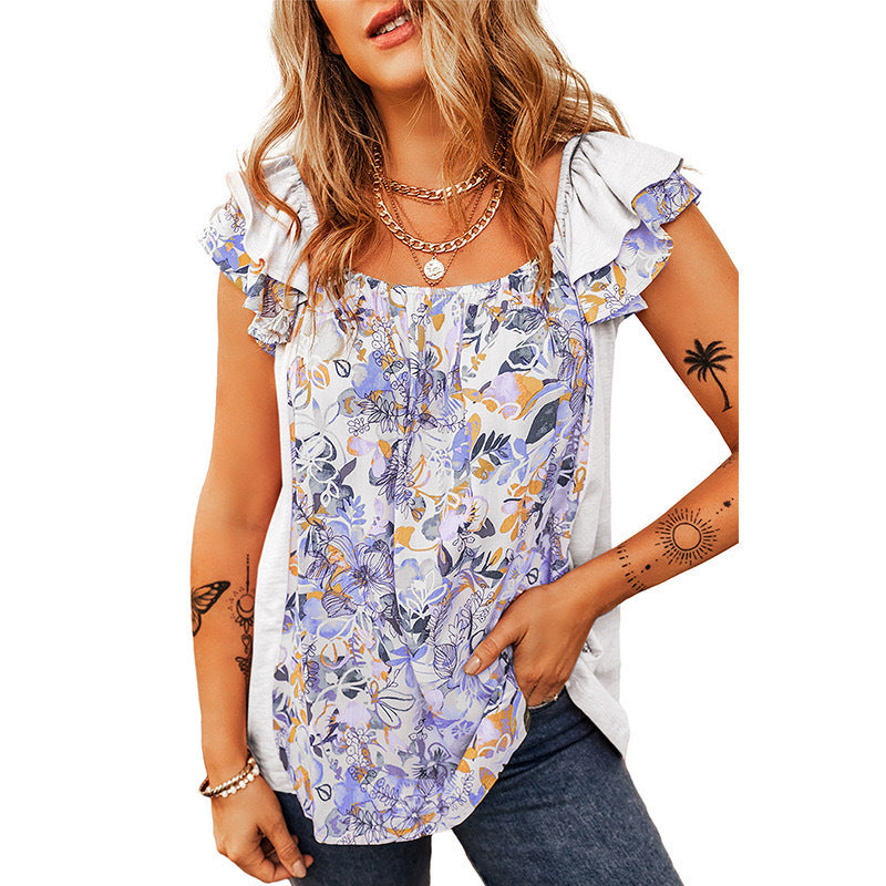Damen Ärmelloses Blumen-Print Top mit Rüschenschultern und lockerem Fall Drune