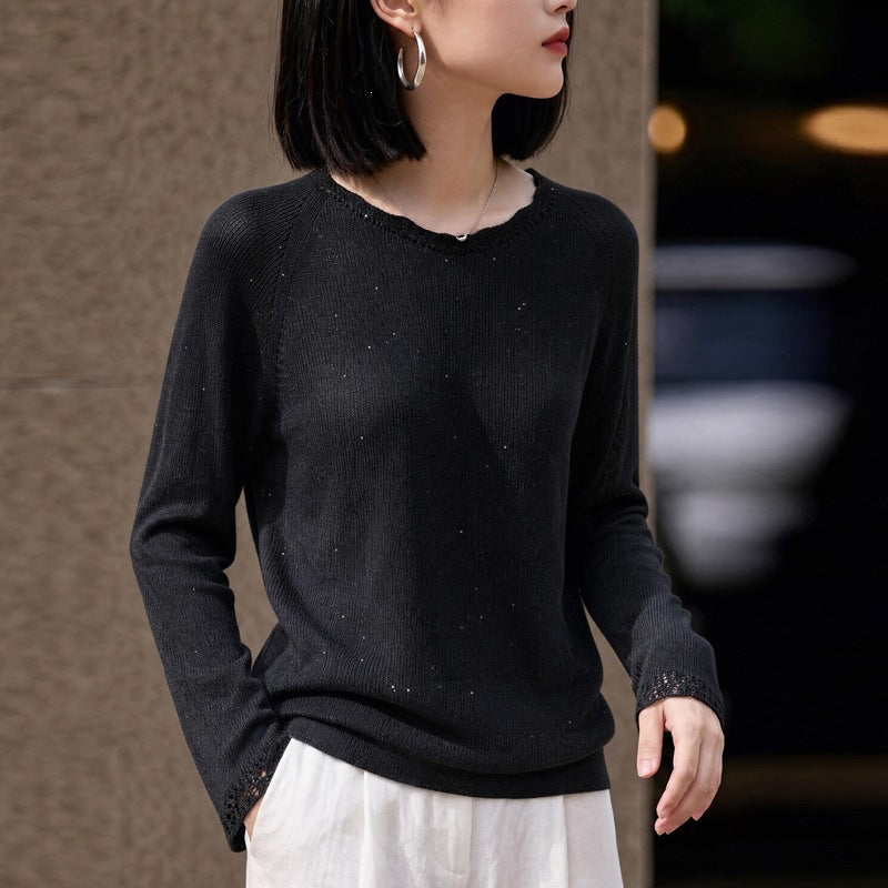 Damen leichter Feinstrickpullover mit dezenter Glitzeroptik und Raglanärmeln Drune