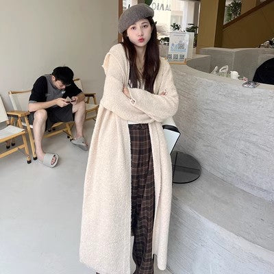 Damen Langer Teddy-Fleece-Mantel mit Kapuze, überschnittener Schulter und weich fallender A-Linie Drune