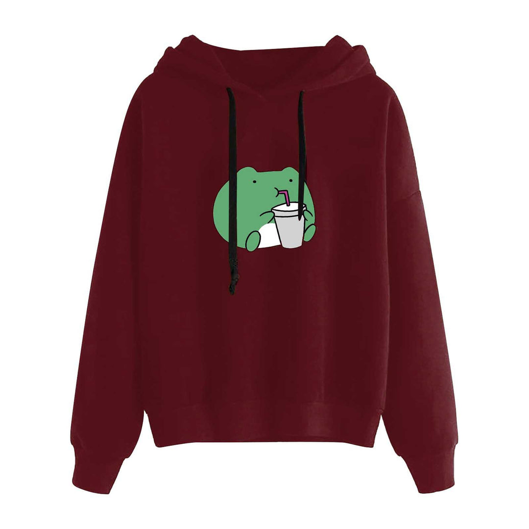 Damen nan kurz geschnittener Cropped-Kapuzenpullover mit niedlicher Frosch-Illustration und verstellbarer Kapuze Drune