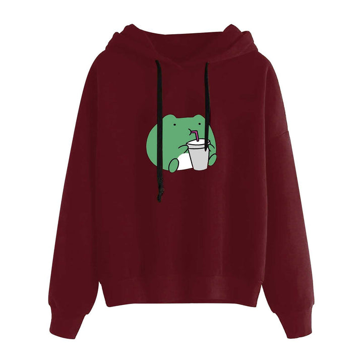Damen nan kurz geschnittener Cropped-Kapuzenpullover mit niedlicher Frosch-Illustration und verstellbarer Kapuze Drune