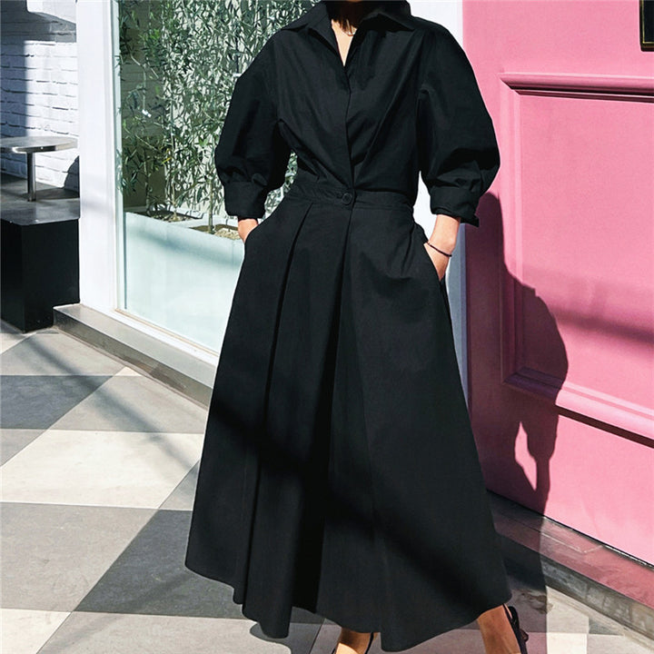 Damen Hemdblusen‑Maxikleid mit taillierter Blouson‑Silhouette, Glockenrock und verdeckten Eingrifftaschen Drune