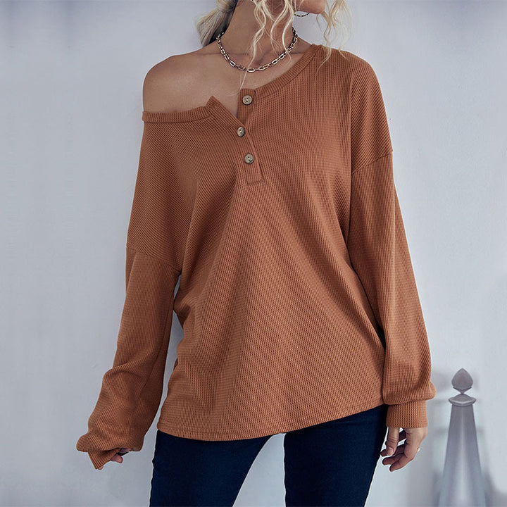Damen Waffelstrick-Pullover mit Henley-Knopfleiste und überschnittener Schulter Drune