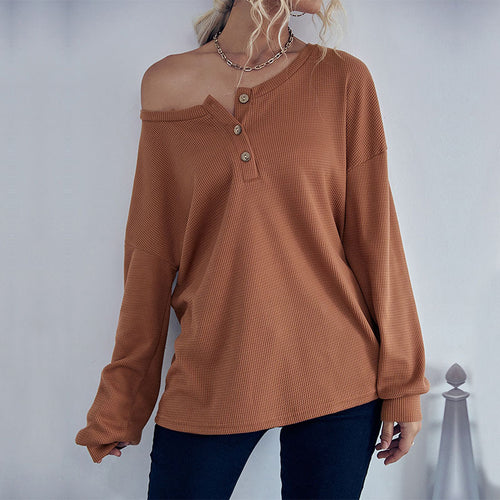 Damen Waffelstrick-Pullover mit Henley-Knopfleiste und überschnittener Schulter Drune