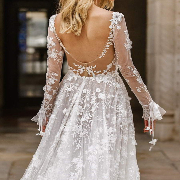 Damen Elegantes Hochzeitskleid mit floralen Spitzenapplikationen und tiefem V-Ausschnitt Drune