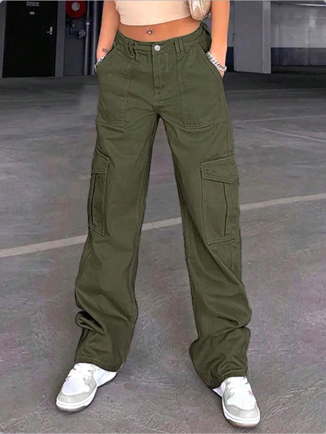Damen weite Cargo-Hose mit hoher Taille, aufgesetzten Klappentaschen und legerer Baggy-Passform Drune