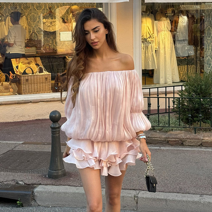 Damen luftiges Off-Shoulder Kleid mit Rüschenschnitt Drune