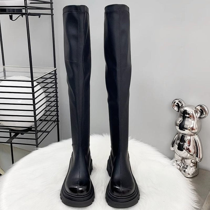 Damen Oberschenkelhohe Stretch-Stiefel mit schlankem Schaft und geformter Plateau-Sohle Drune