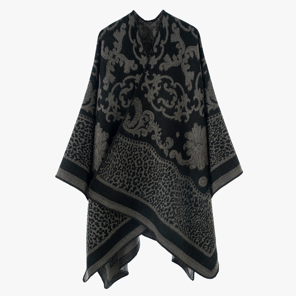 Damen Jacquard‑Wollmix Capeponcho mit Barock‑ und Animalmuster Drune