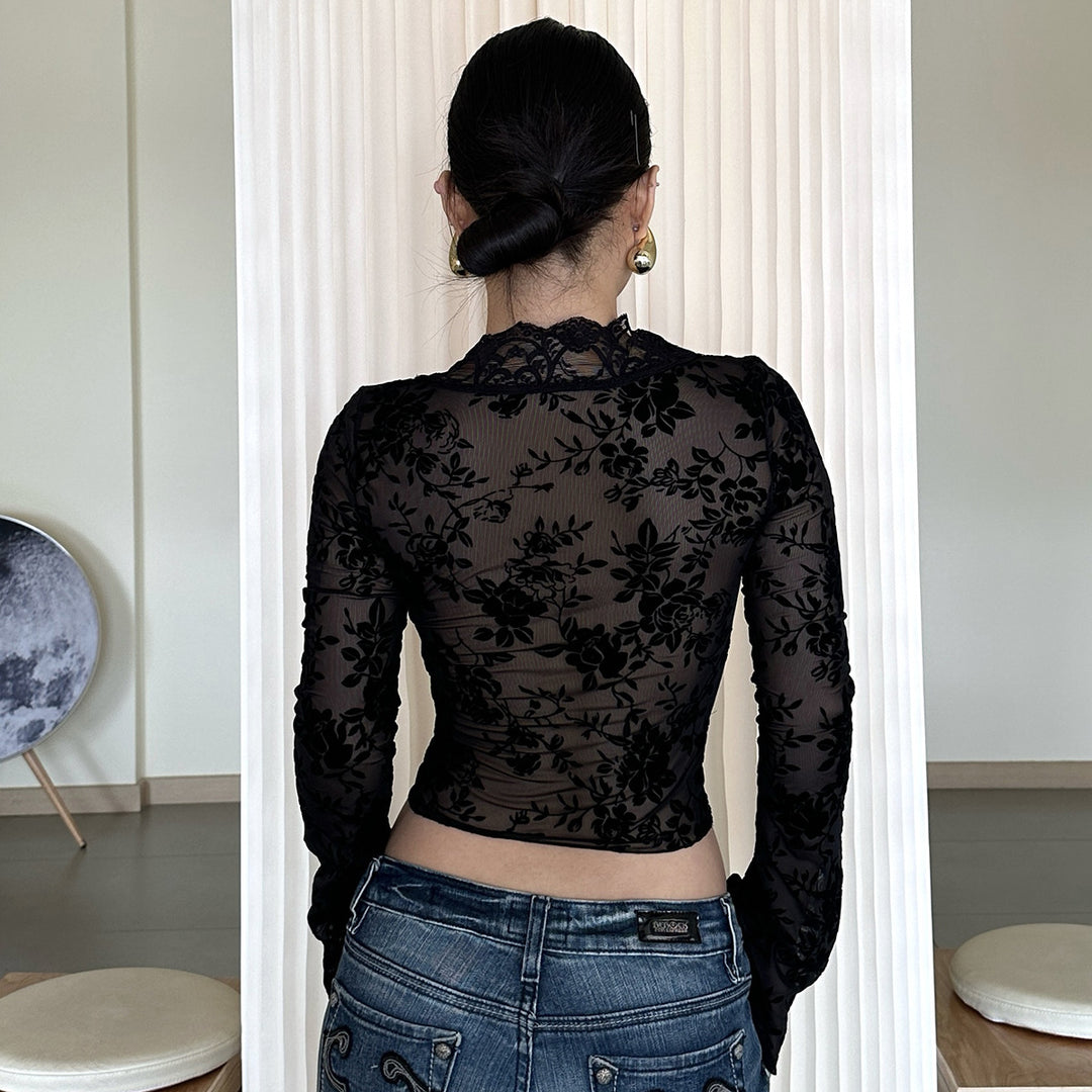Damen Transparente Spitzenbluse mit Leopardenmuster Drune
