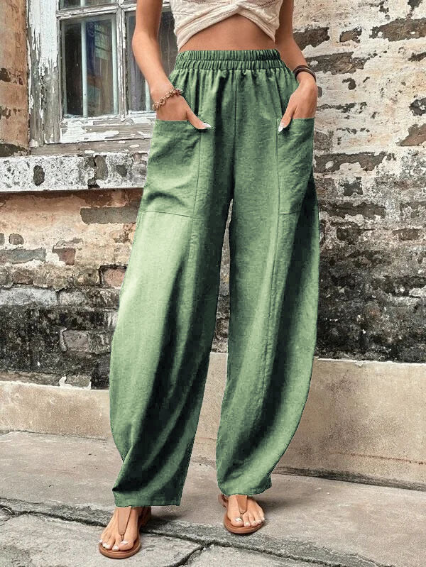 Damen Weite Leinenhose mit elastischem Bund, aufgesetzten Taschen und lässigem Harem-Schnitt Drune