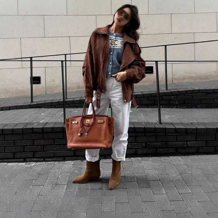 Damen Oversized Veloursleder-Bomberjacke mit Taillengürtel und Schalkragen Drune