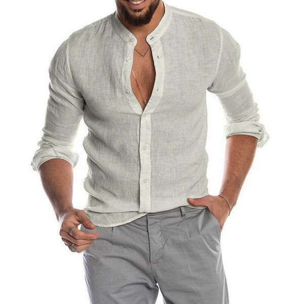 Herren nan Leinenhemd mit Stehkragen, durchgehender Knopfleiste und legerer Slim-Fit-Passform Drune