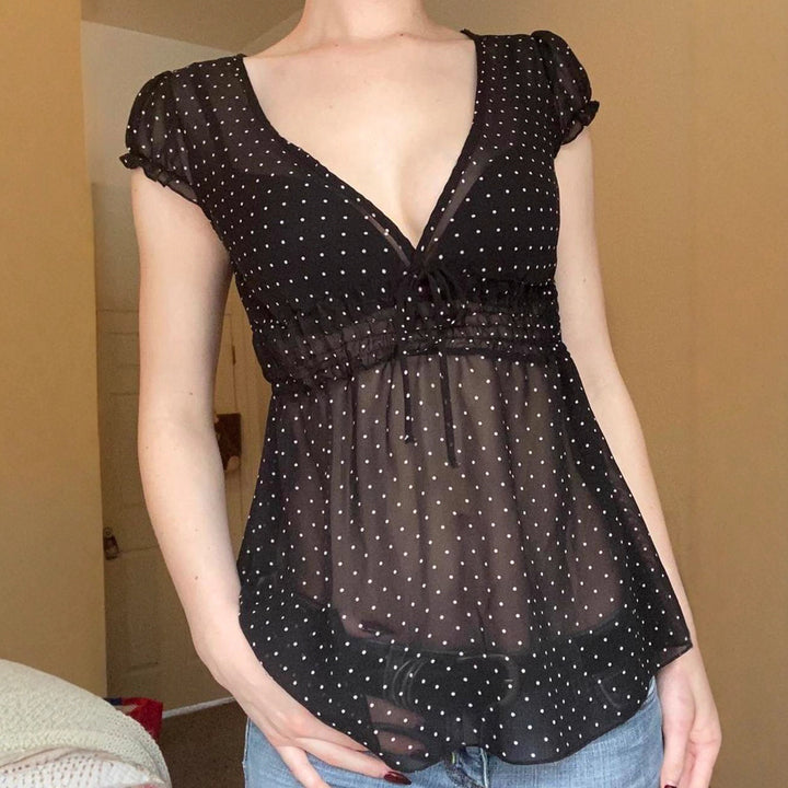 Damen Verspieltes Polka-Dots Blusenshirt mit Rüschendetails Drune