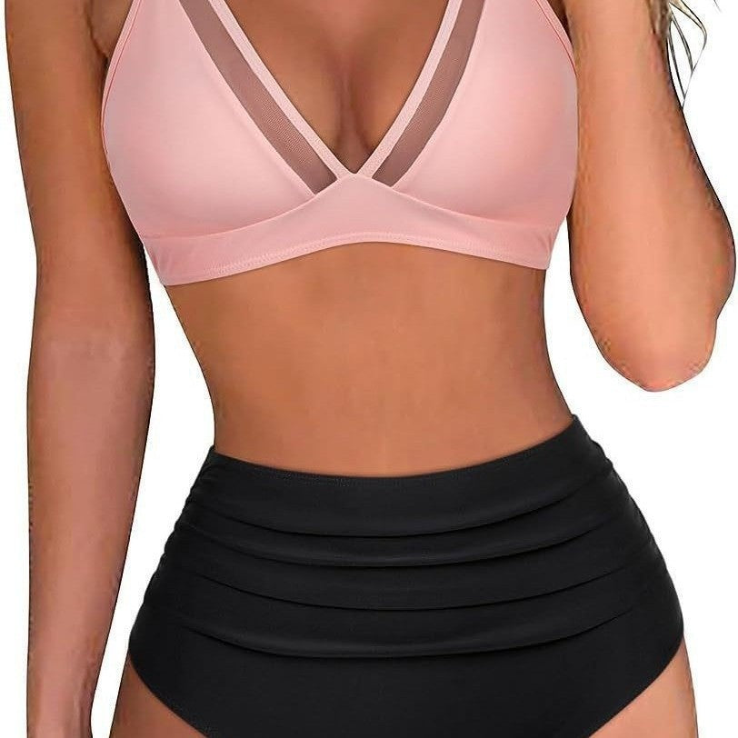 Damen Hoch tailliertes Bikini-Set mit Leopardenmuster und transparenten Einsätzen Drune