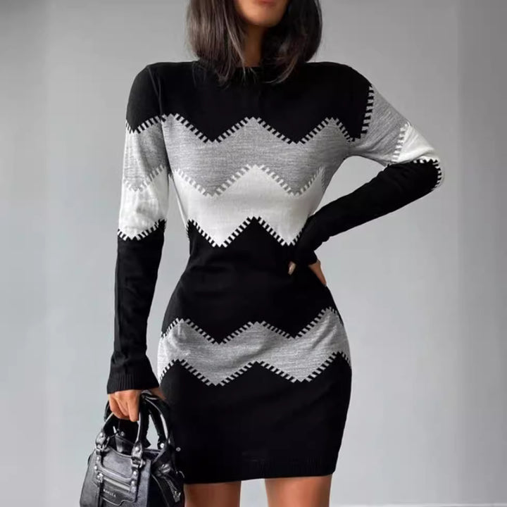Damen nan Longsleeve-Strickkleid mit Chevron-Muster, geradem Saum und körperumspielender Passform Drune
