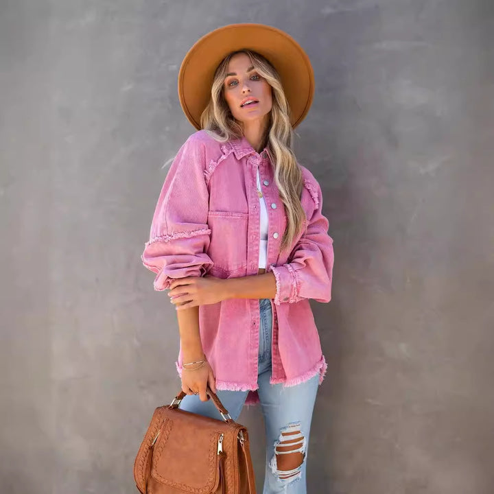 Damen Lässige Denim-Übergangsjacke im Vintage-Stil mit fransigen Details Drune
