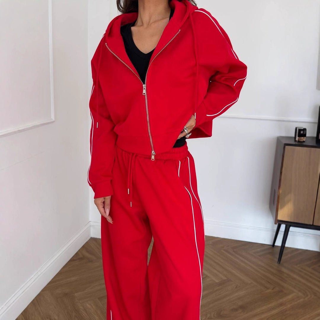 Damen Lässiges zweiteiliges Lounge-Set mit oversized Zipjacke und weitem Kordelzug-Hosenbund Drune