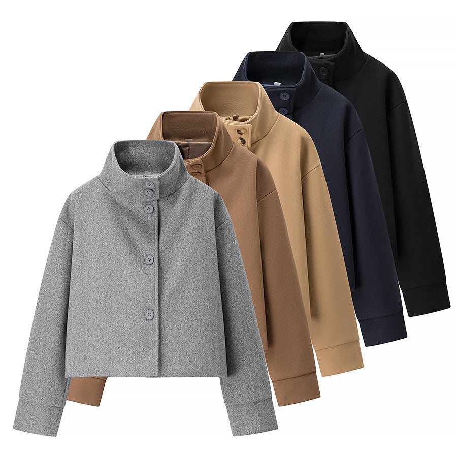 Damen elegante Kurzjacke mit hohem Kragen und dekorativen Knöpfen Drune