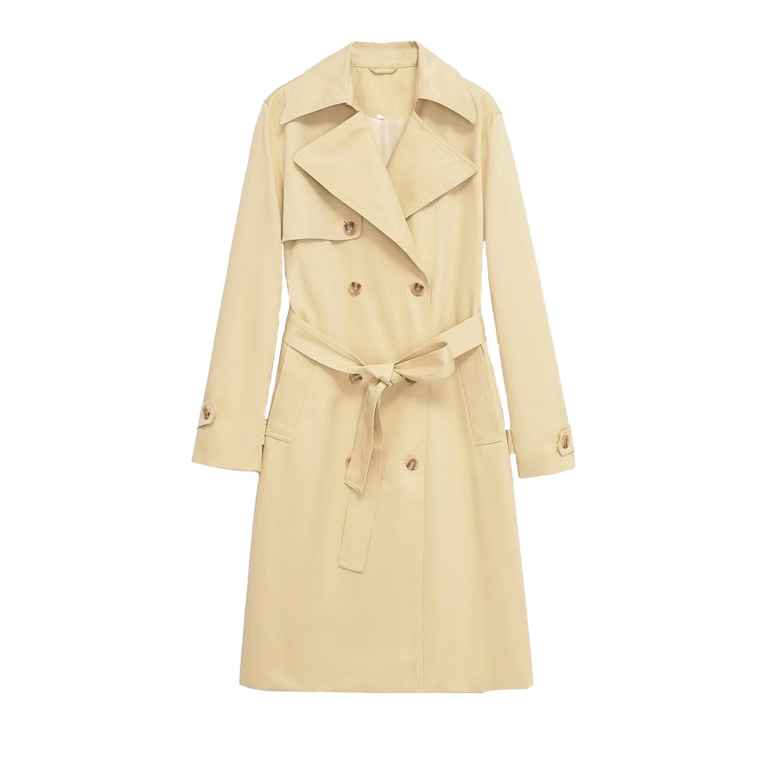 Damen Midi-Trenchcoat aus leichtem Funktionsstoff mit Bindegürtel und Sturmklappe Drune