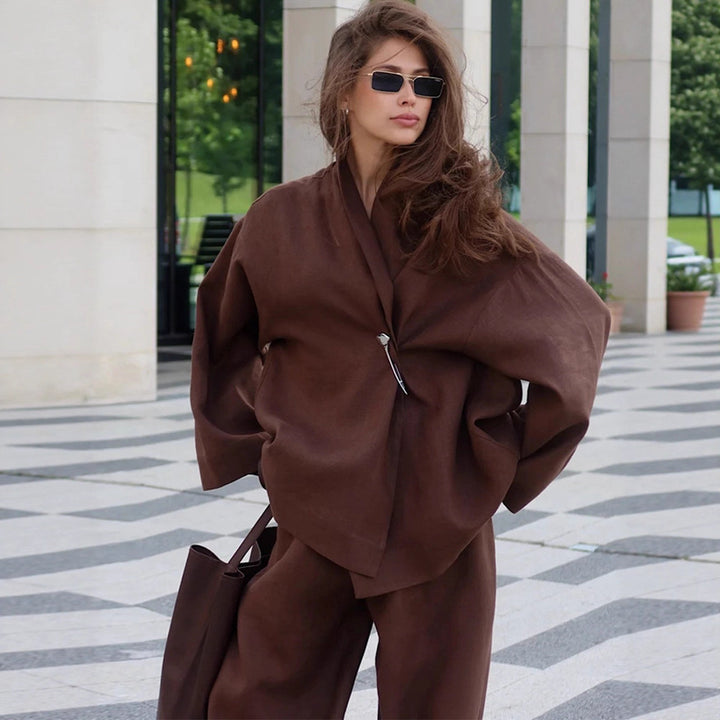 Damen Oversized Wickelblazer mit Sicherheitsnadel & weiter Anzughose Drune