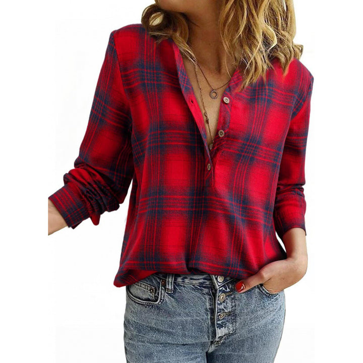 Damen Karo-Bluse im Oversize-Look mit V-Ausschnitt Knopfleiste und gerundetem Saum Drune
