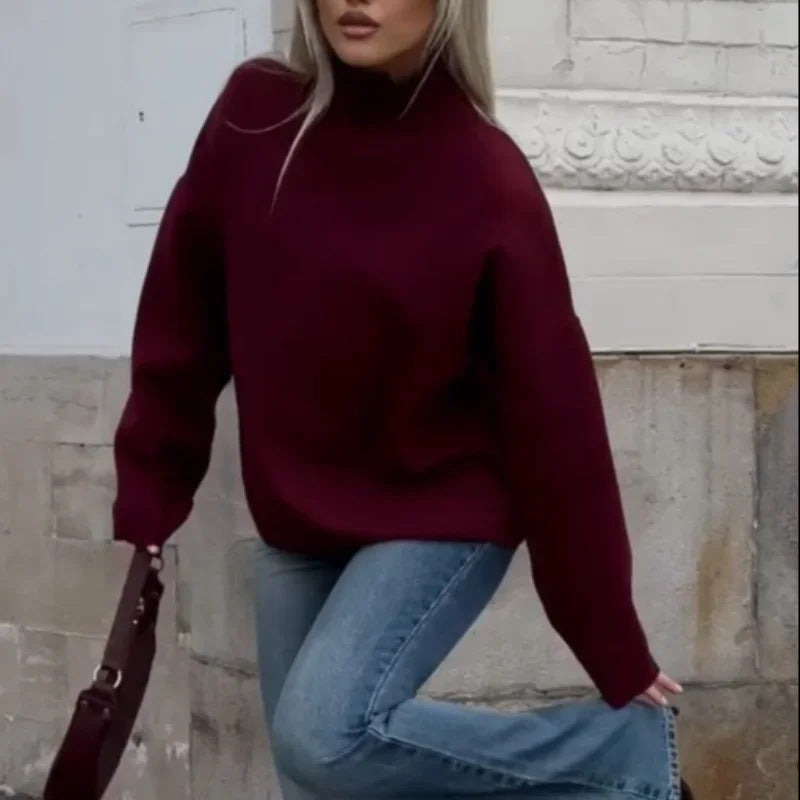 Damen Oversized Pullover mit hohem Kragen Drune