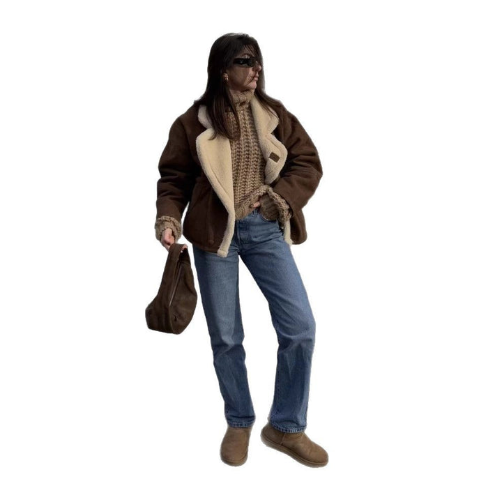 Damen kuschelige Wildlederjacke mit weichem Futter und breitem Kragen Drune
